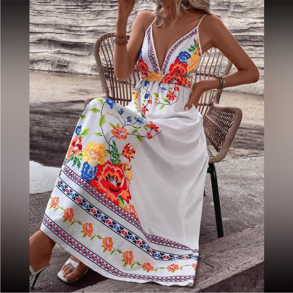 Red and Blue Sleeveless Spaghetti Strap Maxi Sundress - Picture 3 of 3